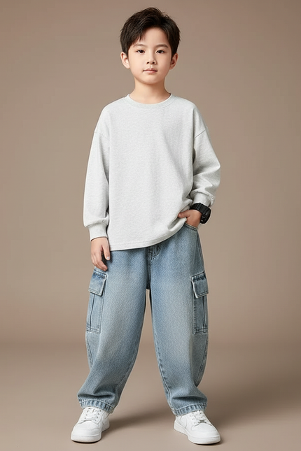 Pantalon Cargo Jean Ample Bleu Enfant Décontracté