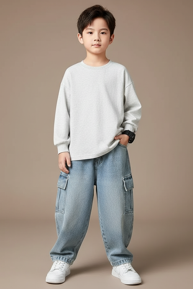 Pantalon Cargo Jean Ample Bleu Enfant Décontracté