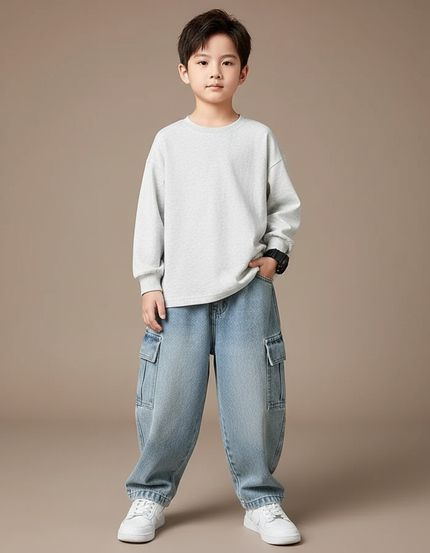 Pantalon Cargo Jean Ample Bleu Enfant Décontracté