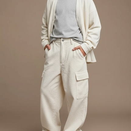 Pantalon Cargo Crème Côtelé Ample Décontracté Unisexe - Beige Cordé