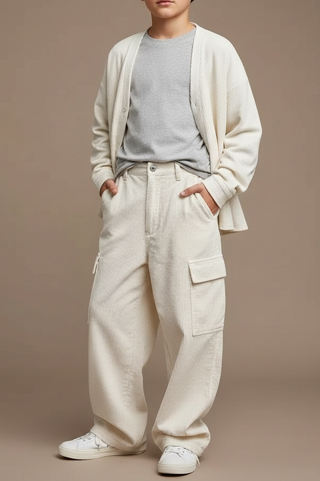 Pantalon Cargo Crème Côtelé Ample Décontracté Unisexe - Beige Cordé