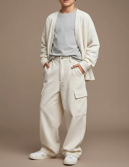 Pantalon Cargo Crème Côtelé Ample Décontracté Unisexe - Beige Cordé