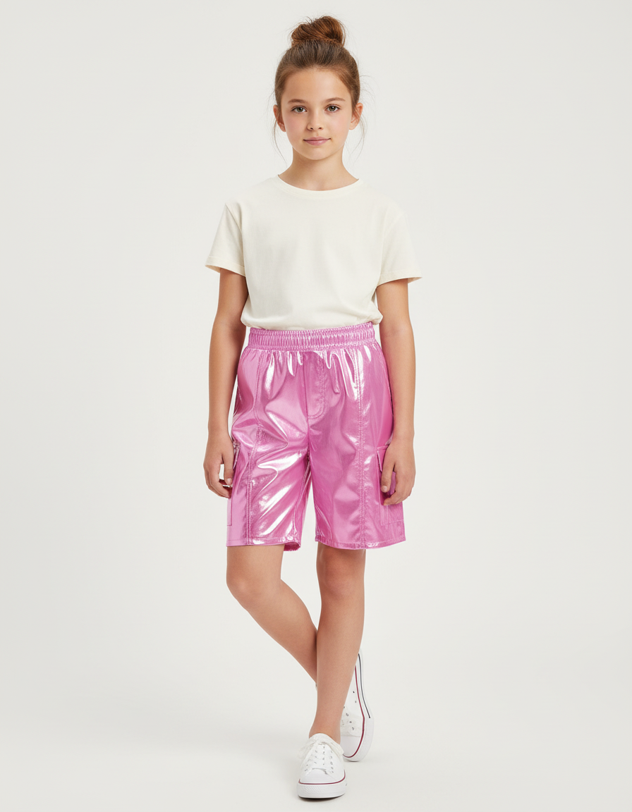 Pantalon Cargo Rose Métallique Ample Enfant Brillant - Polyester