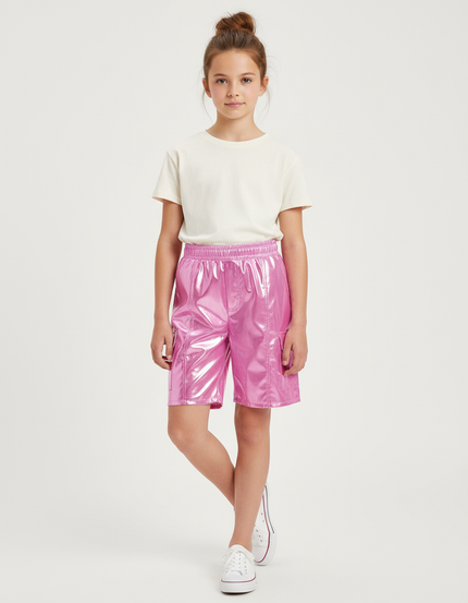 Pantalon Cargo Rose Métallique Ample Enfant Brillant - Polyester