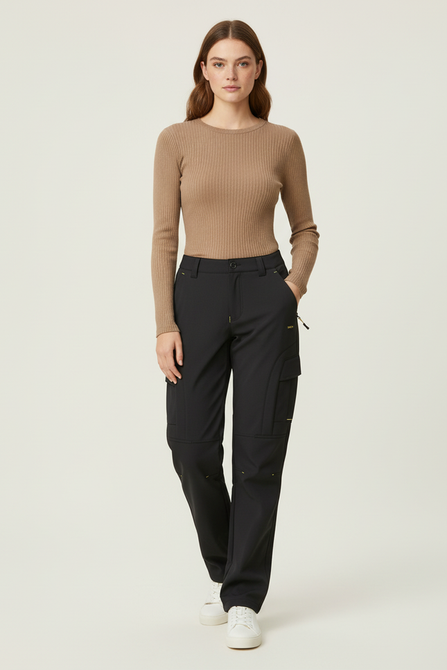 Pantalon Cargo Noir Fluide Multipoches Femme Décontracté - Polyester