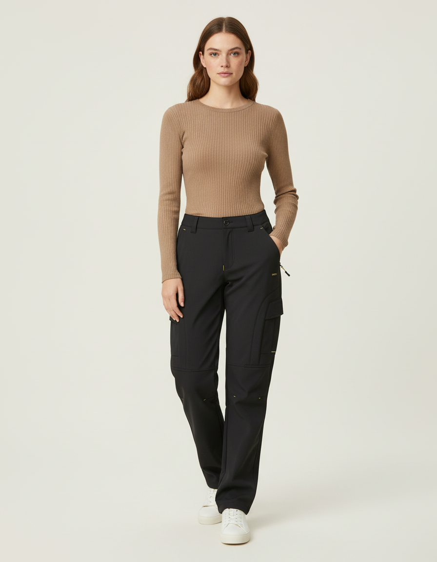 Pantalon Cargo Noir Fluide Multipoches Femme Décontracté - Polyester