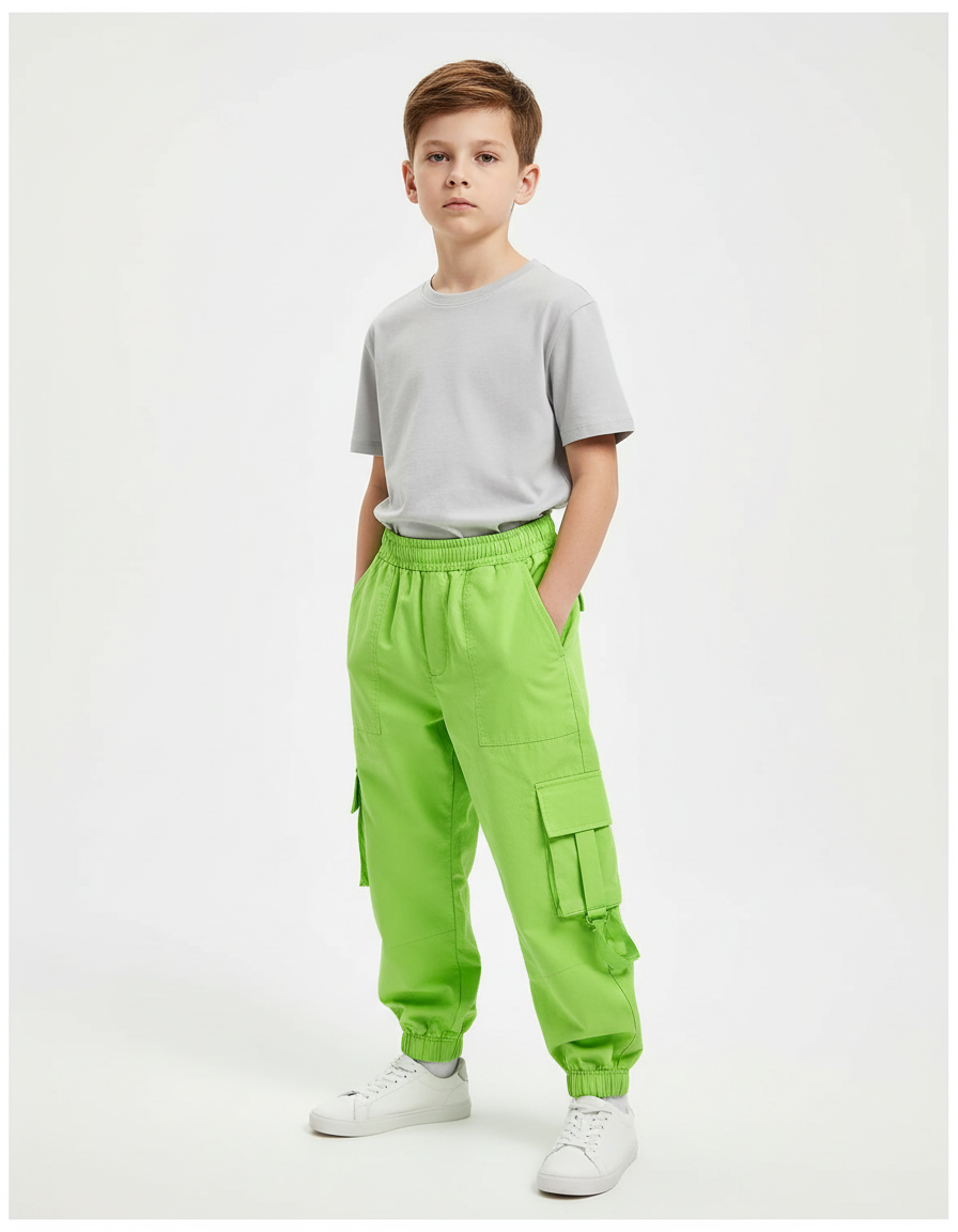 Pantalon Cargo Vert Fluorescent Ample Poches Enfant - Polyester