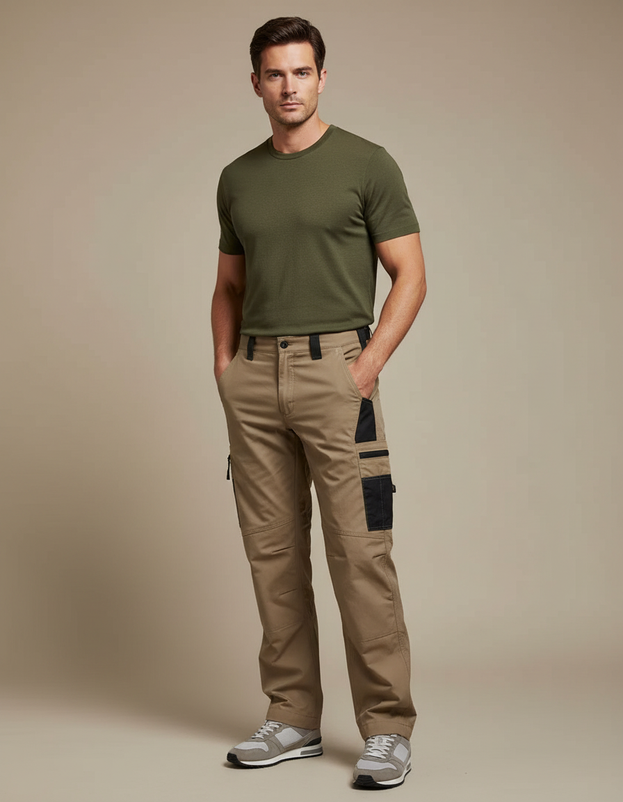 Pantalon Cargo Beige Homme Multi-Poches Droit Décontracté - Toile