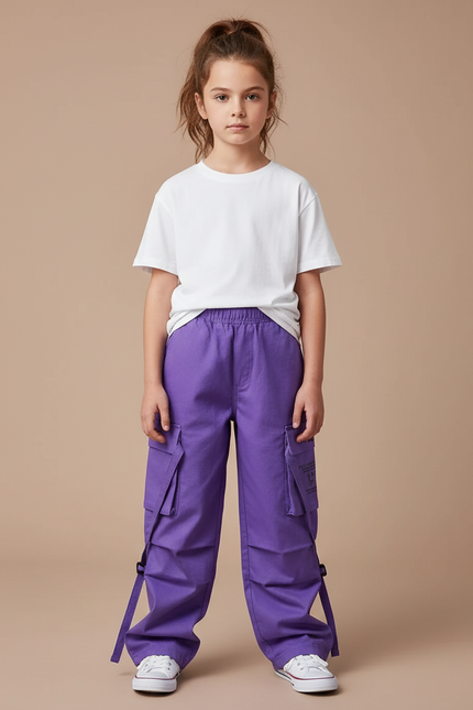 Pantalon Cargo Violet Ample Poches Sangles Fille - Toile