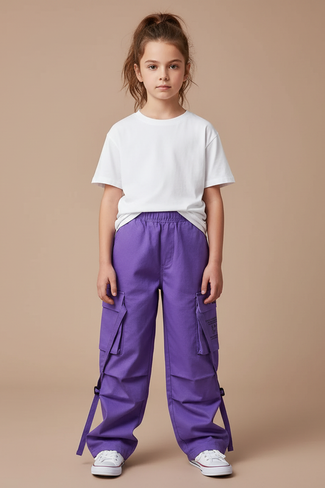 Pantalon Cargo Violet Ample Poches Sangles Fille - Toile