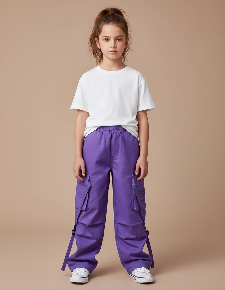 Pantalon Cargo Violet Ample Poches Sangles Fille - Toile
