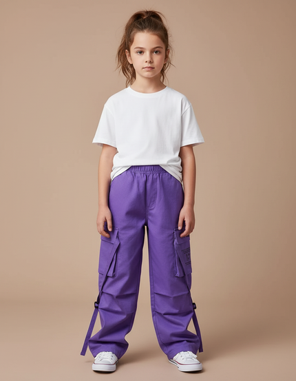 Pantalon Cargo Violet Ample Poches Sangles Fille - Toile