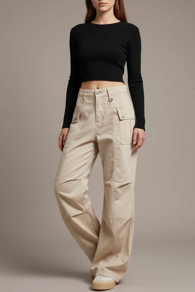 Pantalon Cargo Beige Ample Femme Multipoches - Toile