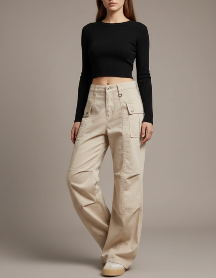 Pantalon Cargo Beige Ample Femme Multipoches - Toile