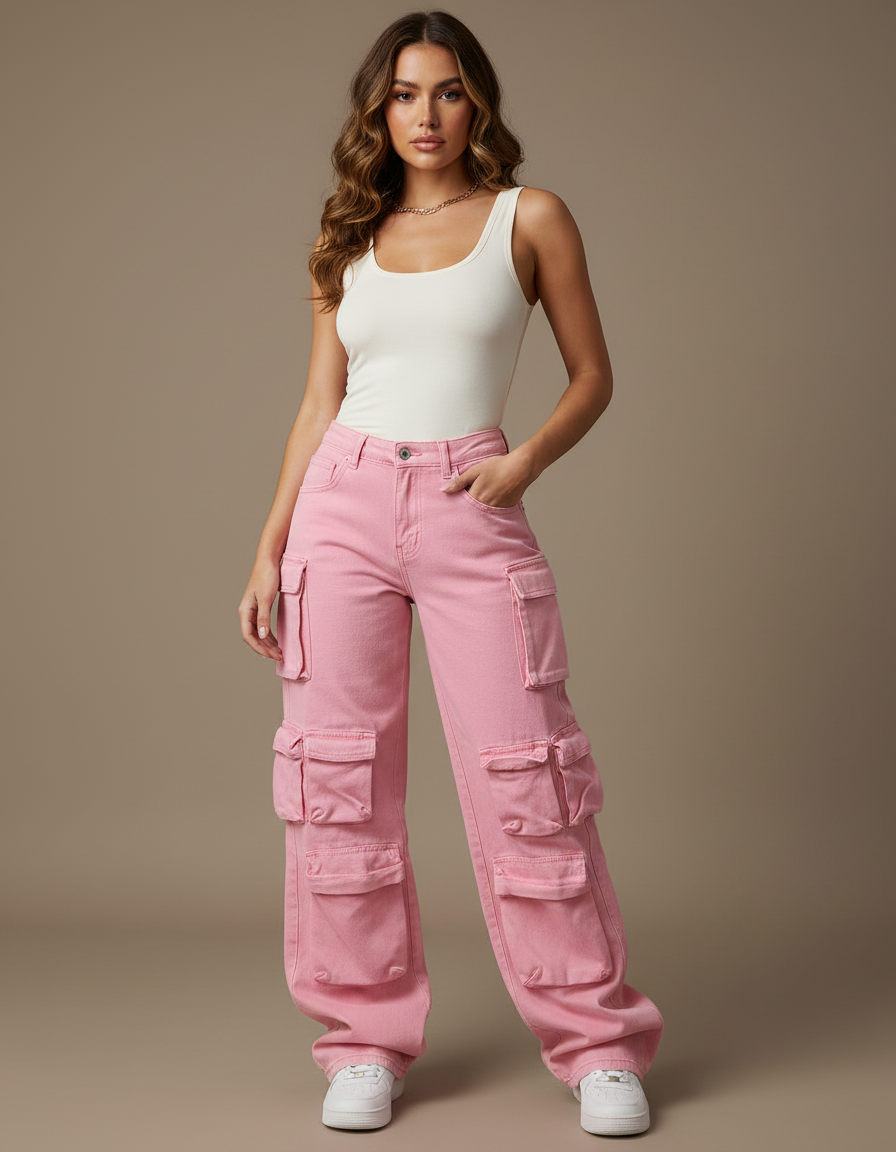 Pantalon Cargo Rose Ample Multipoches Taille Haute - Jean