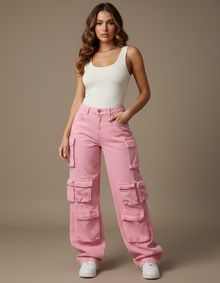 Pantalon Cargo Rose Ample Multipoches Taille Haute - Jean