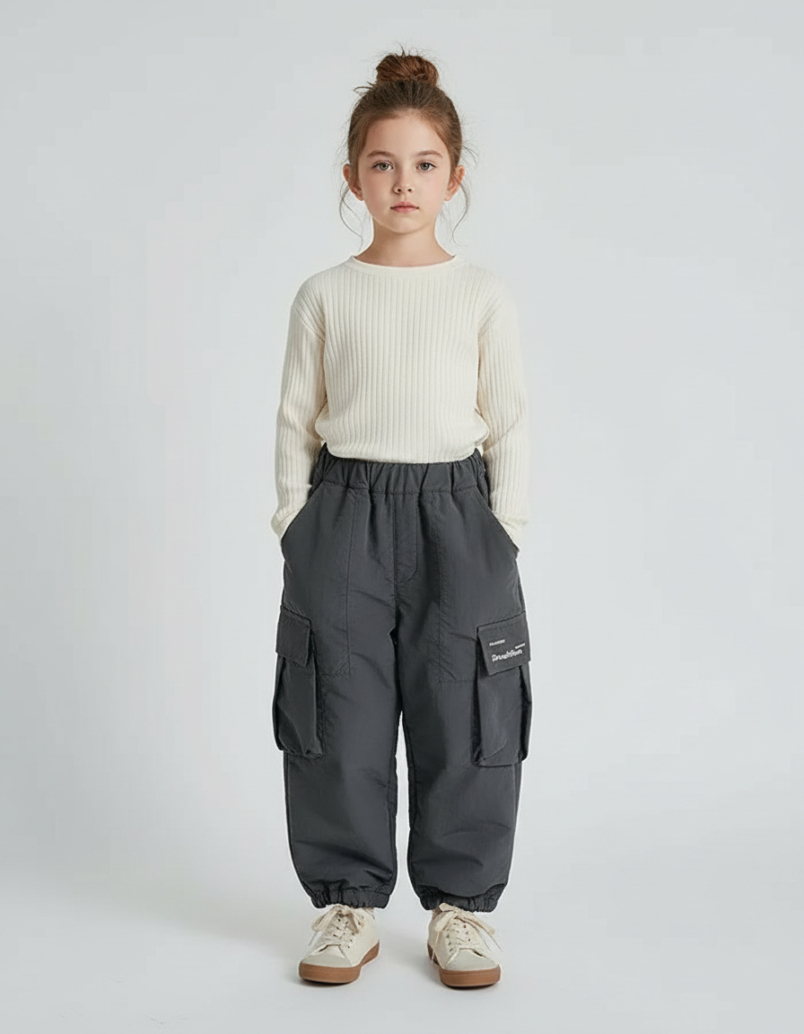 Pantalon Cargo Gris Ample Enfant Doublé Chaud - Polyester