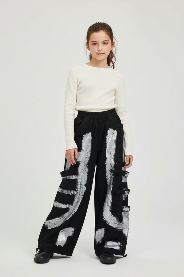 Pantalon Cargo Noir Ample Imprimé Argenté Streetwear Fille - Toile