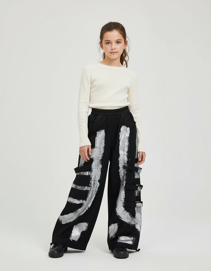 Pantalon Cargo Noir Ample Imprimé Argenté Streetwear Fille - Toile