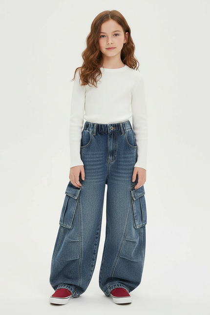 Pantalon Cargo Jean Ample Bleu Fille