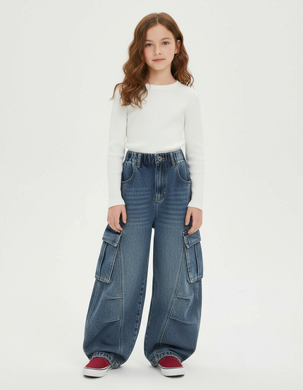 Pantalon Cargo Jean Ample Bleu Fille