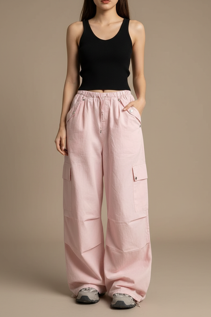 Pantalon Cargo Rose Ample Poches Vintage Femme - Toile