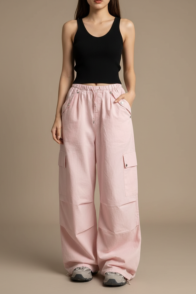 Pantalon Cargo Rose Ample Poches Vintage Femme - Toile