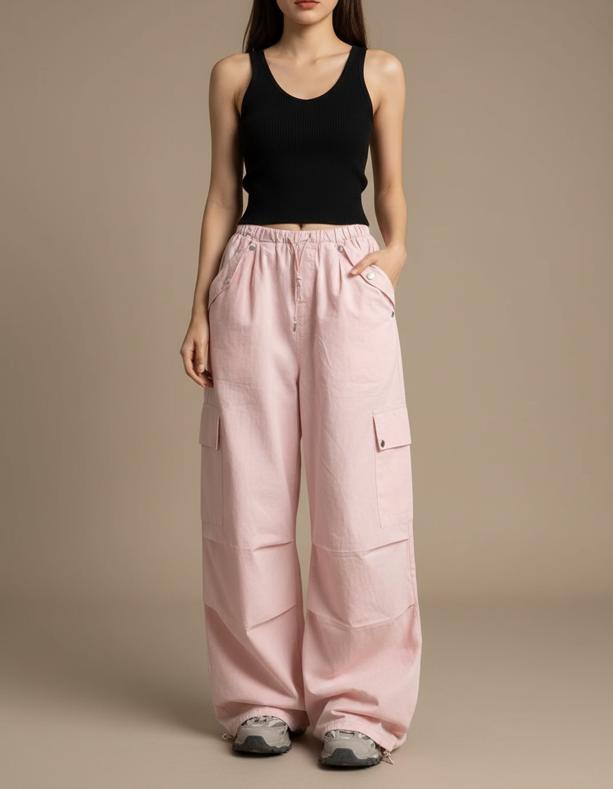 Pantalon Cargo Rose Ample Poches Vintage Femme - Toile