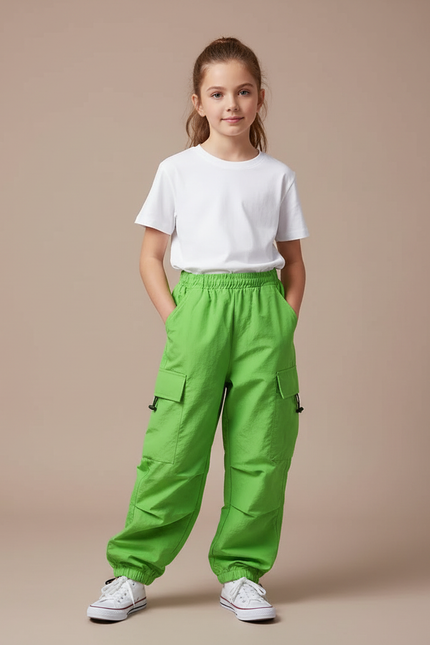 Pantalon Cargo Vert Vif Ample Multipoches Enfant - Polyester