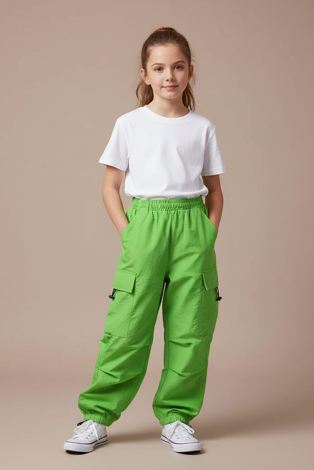Pantalon Cargo Vert Vif Ample Multipoches Enfant - Polyester