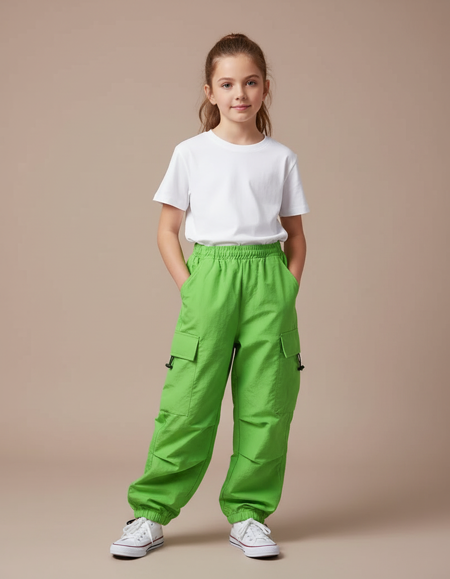 Pantalon Cargo Vert Vif Ample Multipoches Enfant - Polyester