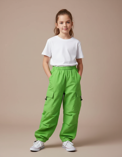 Pantalon Cargo Vert Vif Ample Multipoches Enfant - Polyester