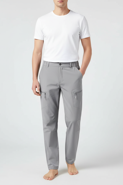 Pantalon Cargo Gris Élastique Coupe Droite Léger Zippé - Polyester