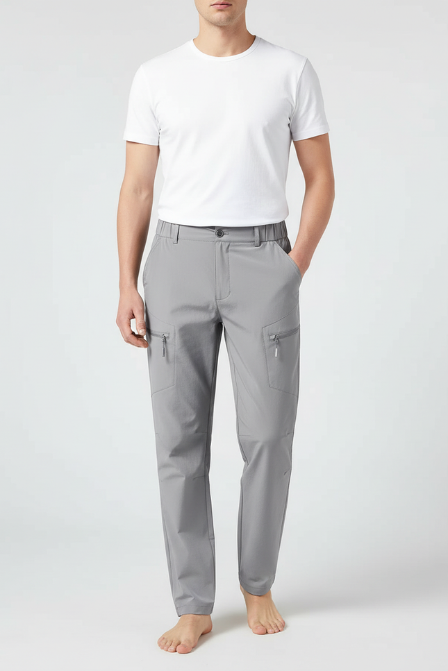 Pantalon Cargo Gris Élastique Coupe Droite Léger Zippé - Polyester