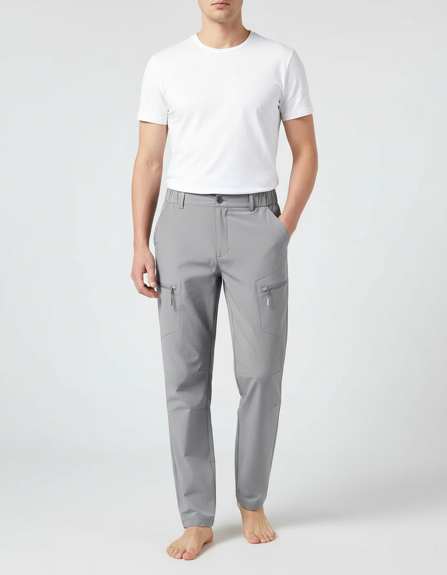 Pantalon Cargo Gris Élastique Coupe Droite Léger Zippé - Polyester