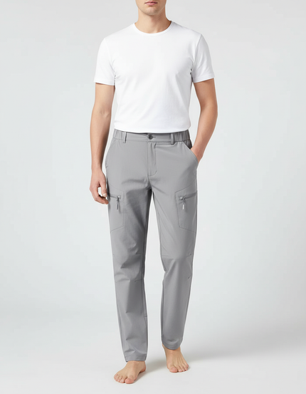 Pantalon Cargo Gris Élastique Coupe Droite Léger Zippé - Polyester