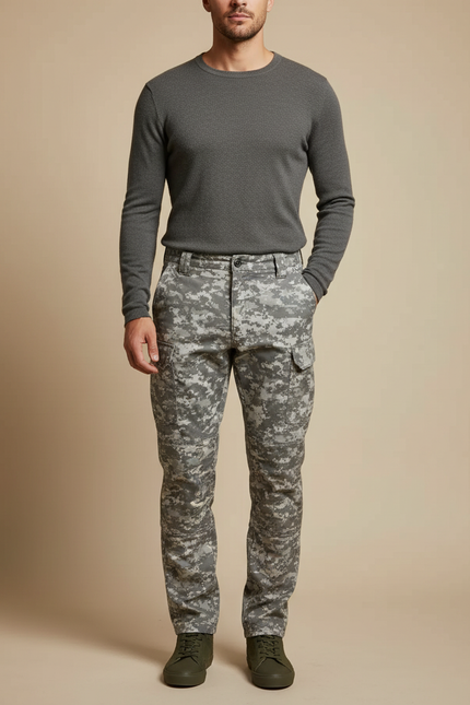 Pantalon Cargo Camouflage Militaire Gris Coupe Droite Décontracté - Toile