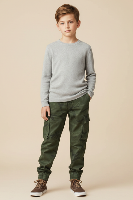 Pantalon Cargo Camouflage Vert Garçon Jogger Multipoches - Toile