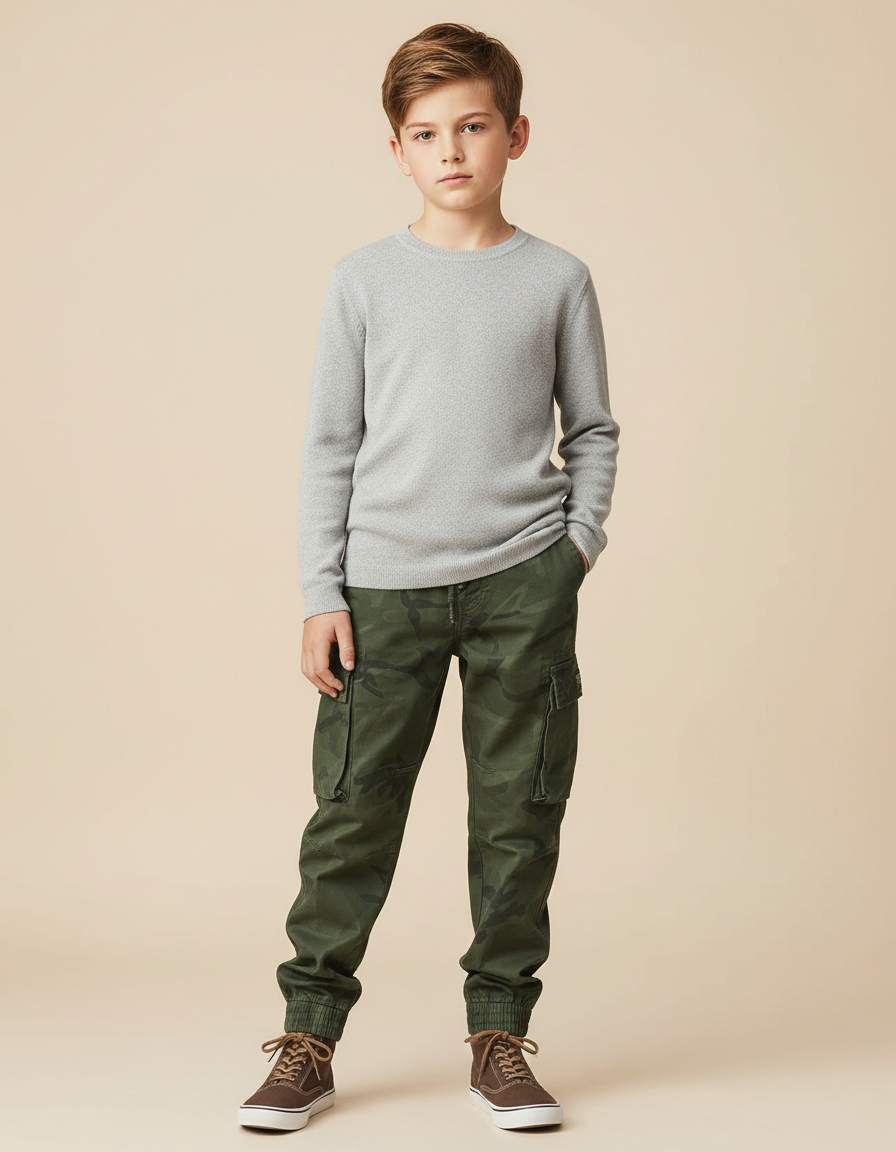 Pantalon Cargo Camouflage Vert Garçon Jogger Multipoches - Toile