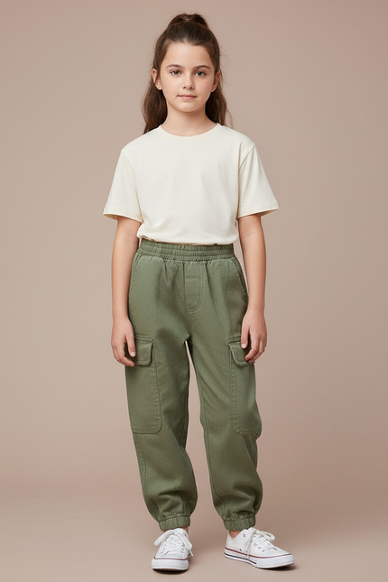 Pantalon Cargo Vert Kaki Ample Poches Enfant - Coton