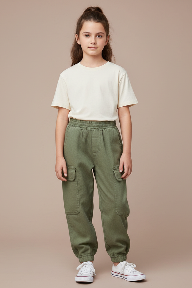 Pantalon Cargo Vert Kaki Ample Poches Enfant - Coton