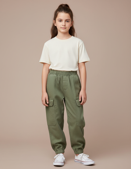 Pantalon Cargo Vert Kaki Ample Poches Enfant - Coton