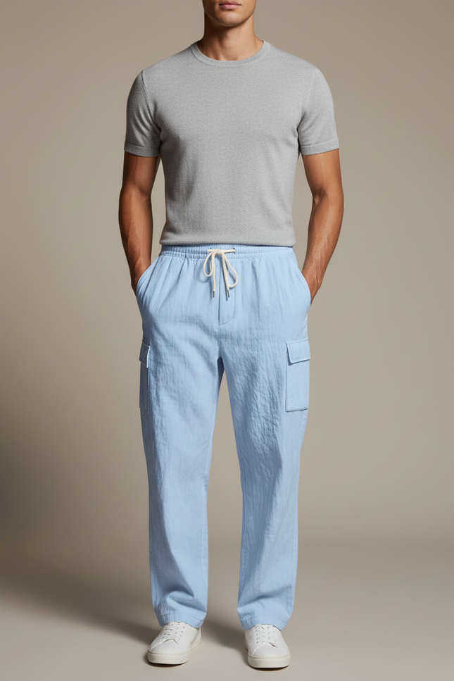 Pantalon Cargo Bleu Clair Léger Décontracté À Cordon - Lin