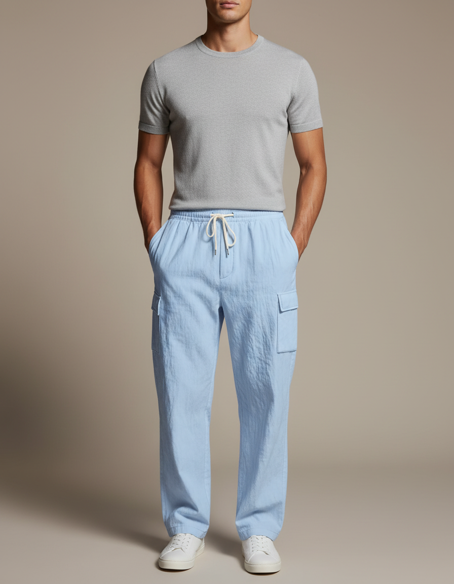 Pantalon Cargo Bleu Clair Léger Décontracté À Cordon - Lin
