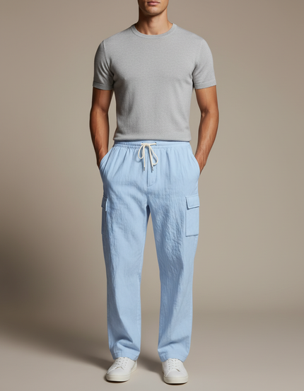 Pantalon Cargo Bleu Clair Léger Décontracté À Cordon - Lin