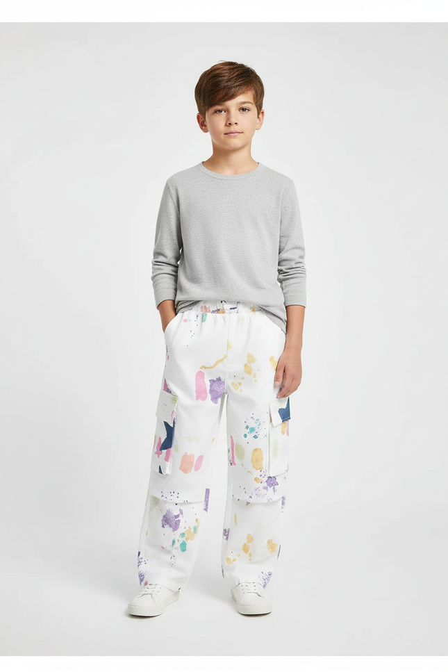 Pantalon Cargo Blanc Imprimé Peinture Étoiles Ample Enfant