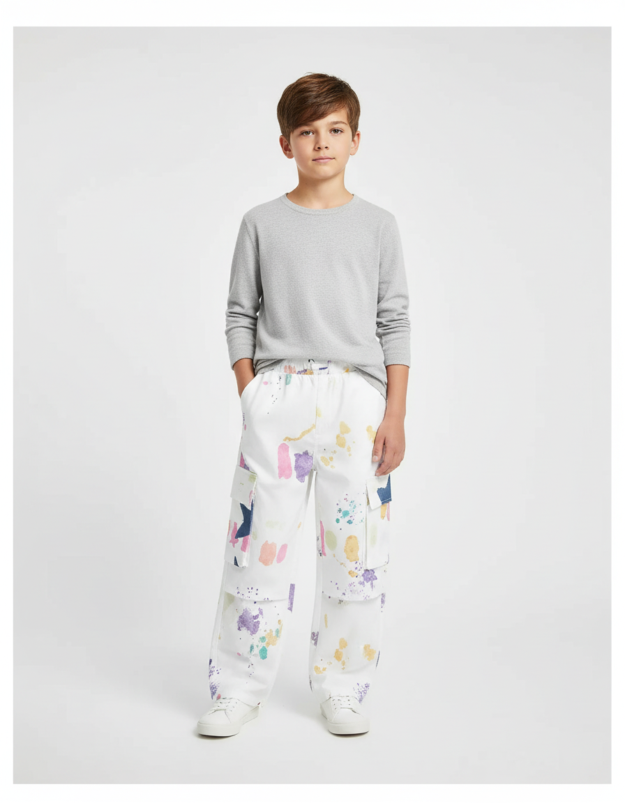 Pantalon Cargo Blanc Imprimé Peinture Étoiles Ample Enfant