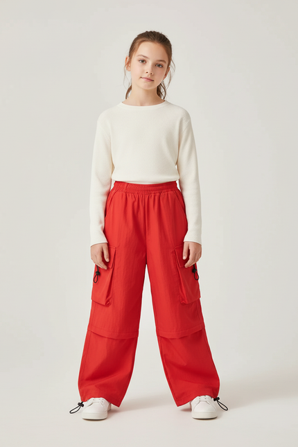 Pantalon Cargo Rouge Amples Multipoches Enfant Streetwear - Polyester