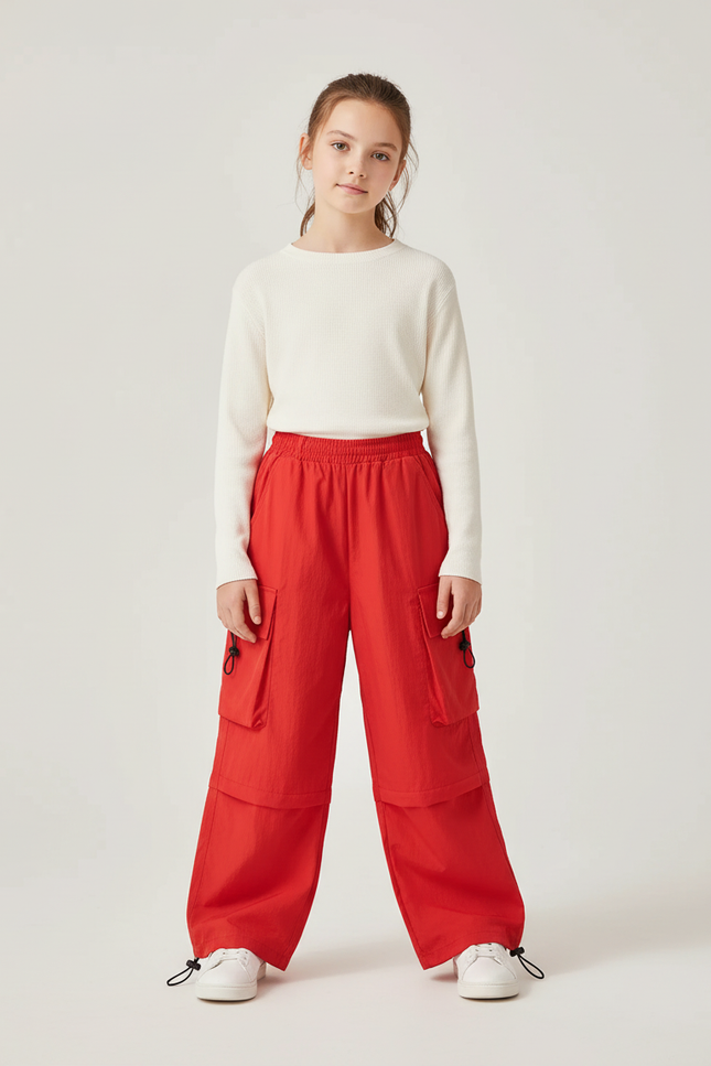 Pantalon Cargo Rouge Amples Multipoches Enfant Streetwear - Polyester