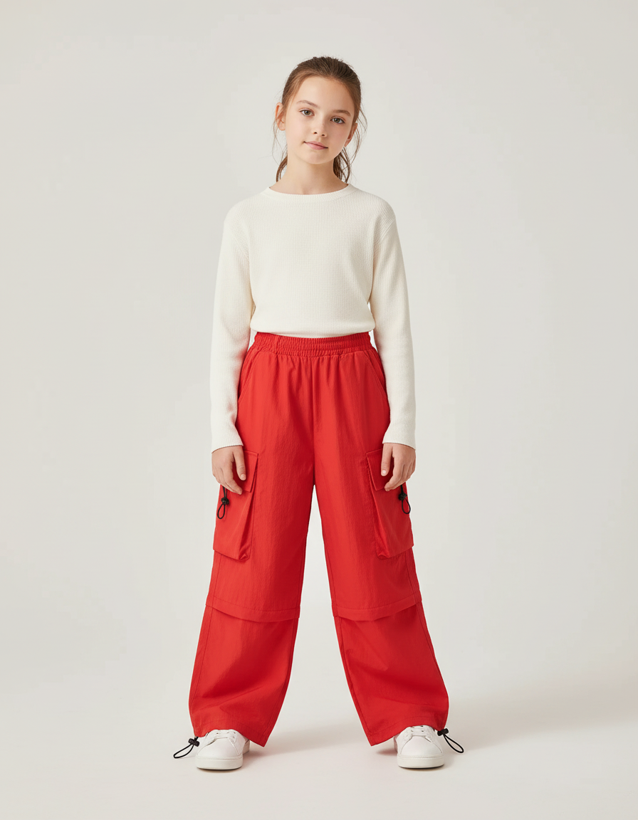Pantalon Cargo Rouge Amples Multipoches Enfant Streetwear - Polyester